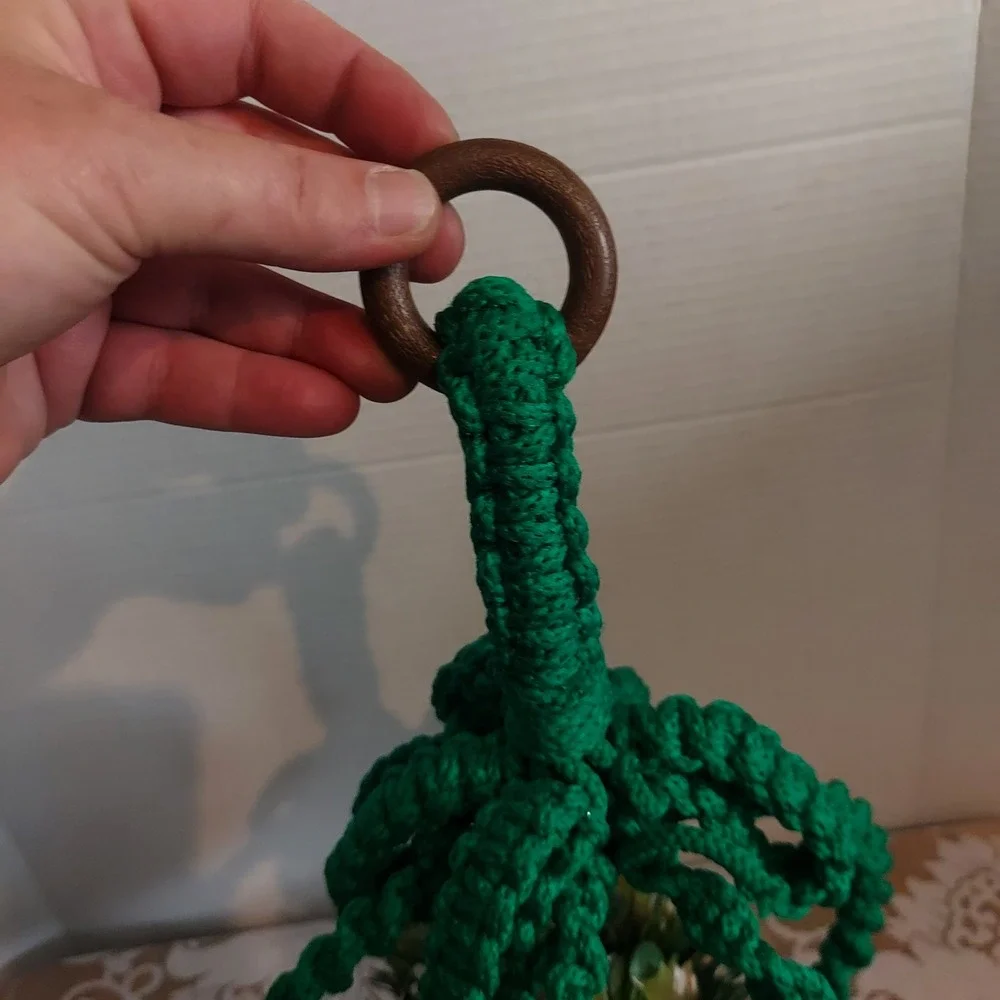 Vintage Green Macrame Christmas Mistletoe Hanger Retro Boho Holiday Decor 25x9